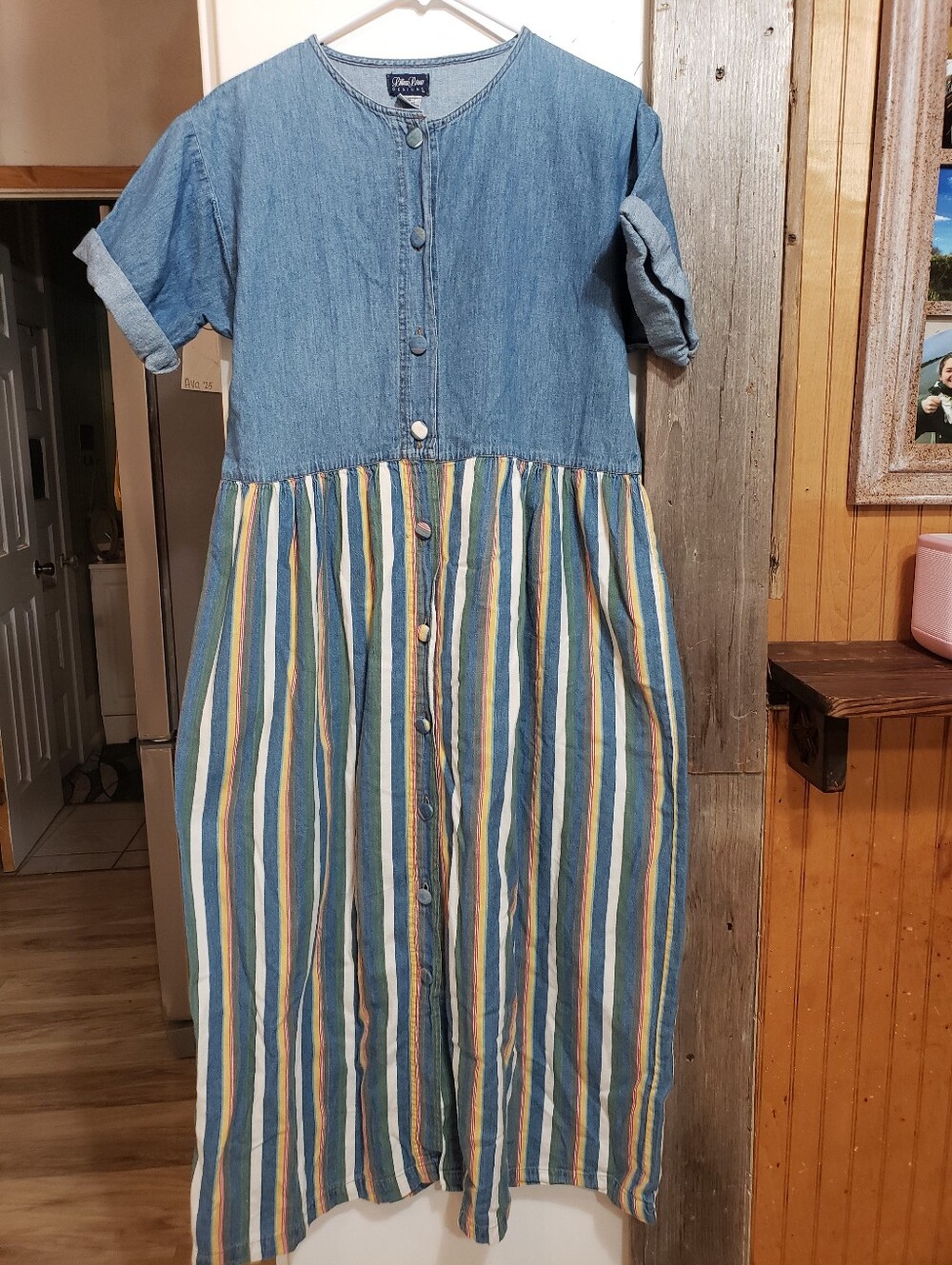 Denim Long Dress Button Down Front Oversized Med To Large Colorful Stripes
